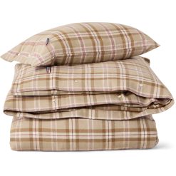Sengesett checked cotton flannel fudge, beige & fig fra lexington
